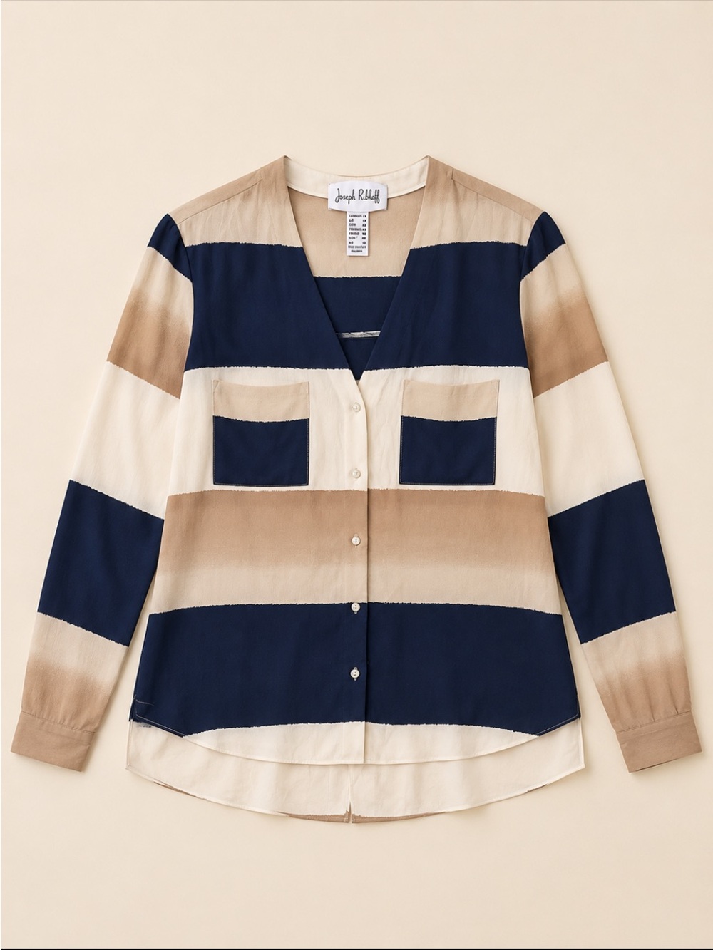 Joseph Ribkoff Striped Tunic Blouse Woman 14 Navy Beige White Hi Low Back Pleat
